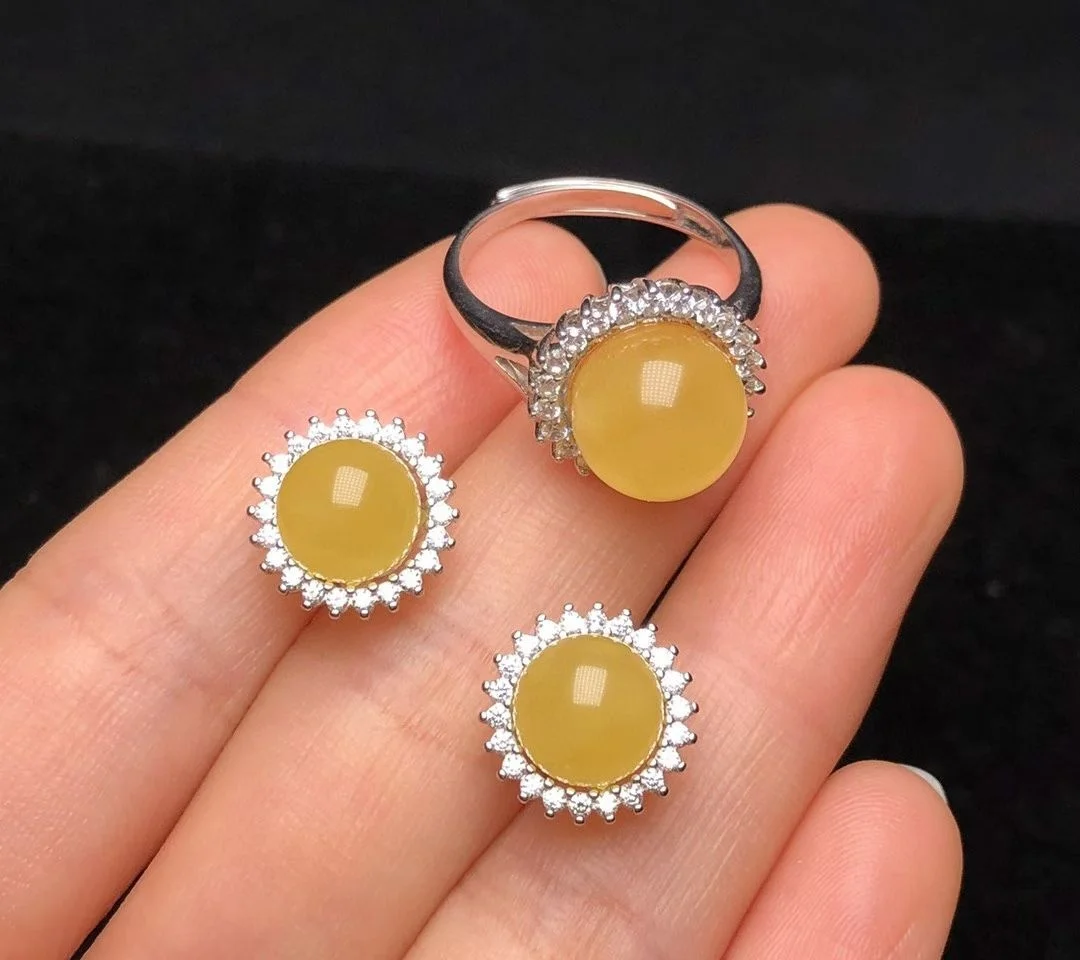 

Classic Popular 925 Silver Natural Baltic Amber Sunflower Jewelry Set Certificate Yellow Bead Rhinestones Ear Studs/Band Rings