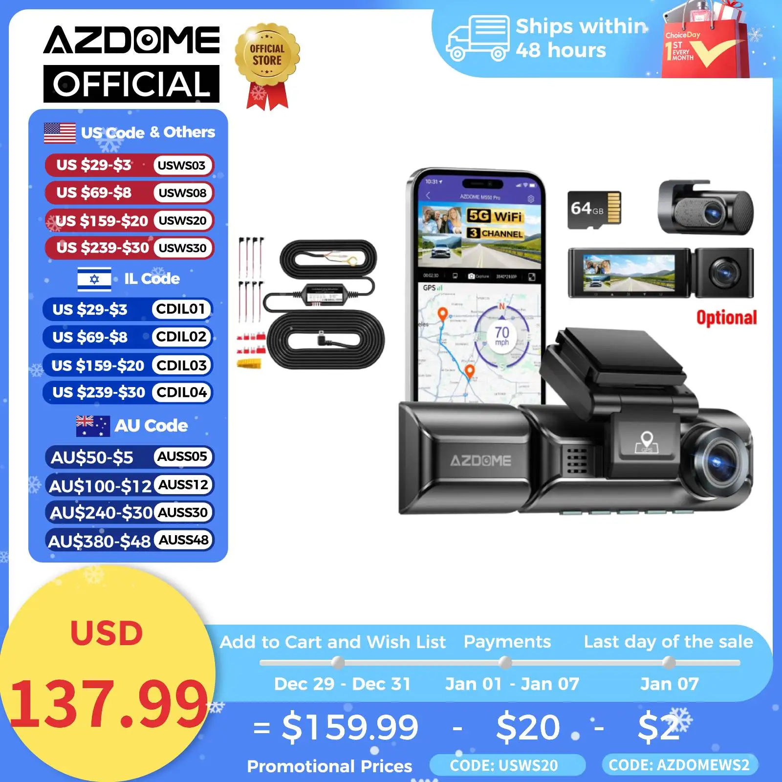 AZDOME Dash Cam M550 Pro Set with Hardwire Kit 4K+1080P 3.19