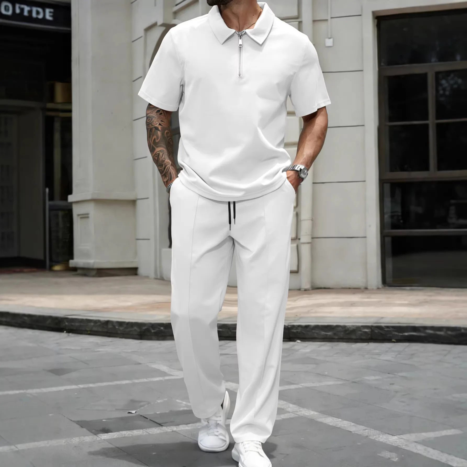 

2026 Summer Men's Casual Sports Suit Lapel Zipper Short-Sleeve Pants Casual Fashion Polo Shirt Set