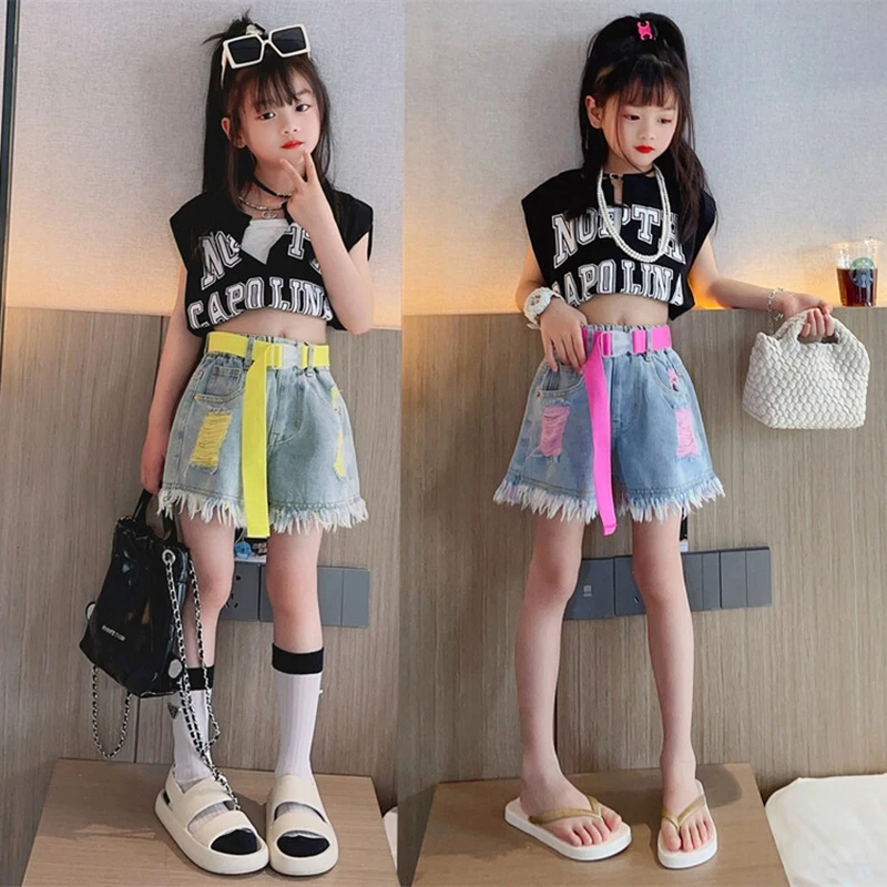 Girls Denim Shorts for Kids Fashion Summer High Waist Pink Yellow Color Ripped Shorts with Free Belt 4 5 6 7 8 9 11 12 13 14Year