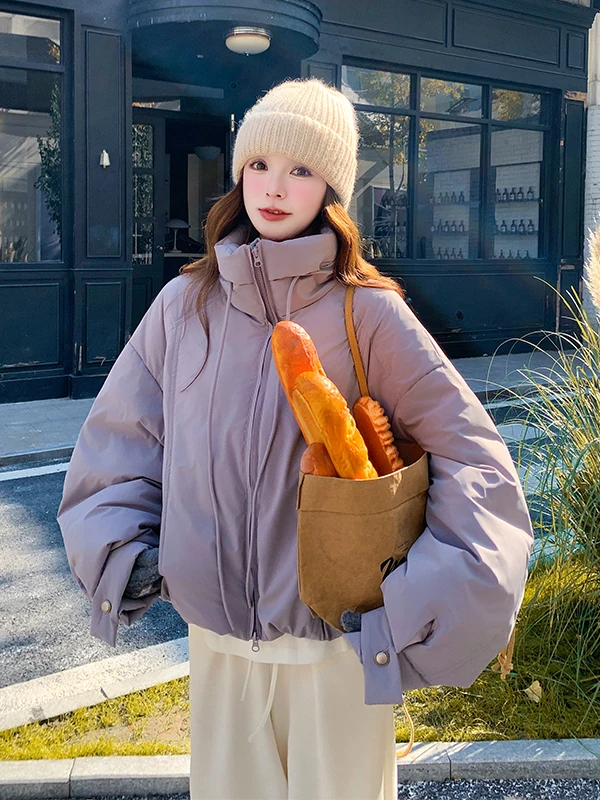 멋진 퍼플 디스트링 스탠드 칼라 여성용 다운 재킷 겨울 따뜻한 외투 캐주얼 루즈핏 폴리에스터 섬유