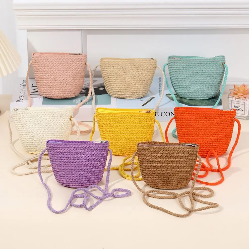 Straw Crossbody Bag Fashion Soft Handle Simple Straw Handbag Large Capacity Children Beach Bag Travel