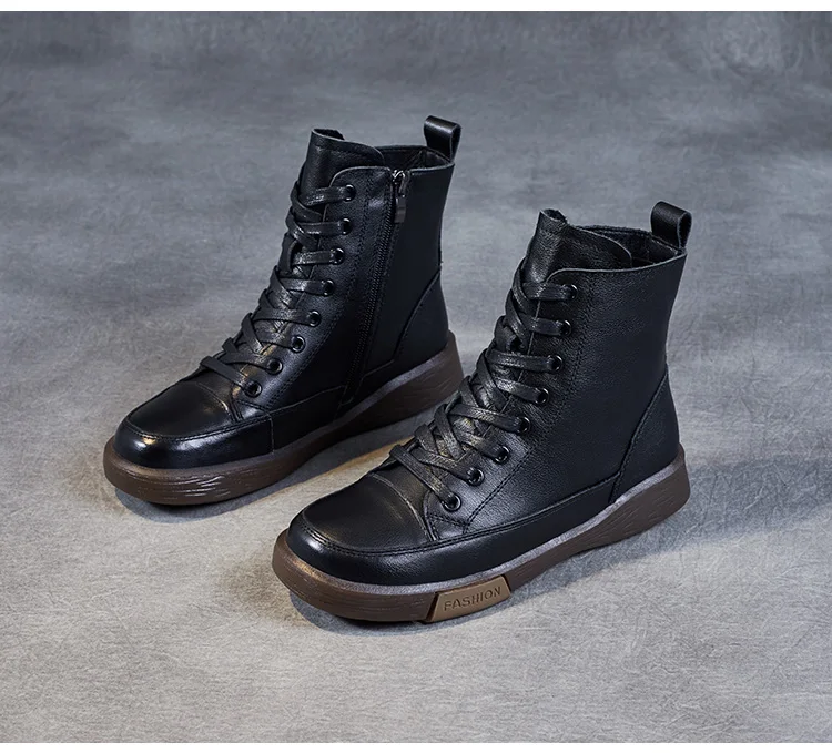 DRKANOL Frauen Echtes Leder Kurze Stiefel Runde Kappe Aus Echtem Leder Handgemachte Retro Street Style Winter Warme Wohnungen Stiefeletten – Detail 25