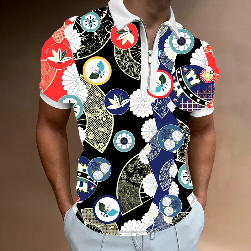 Summer New Men's Lapel Polo Shirt Fashion Zipper Short Sleeve Colorful Pattern 3D Printing Casual Sportswear Top