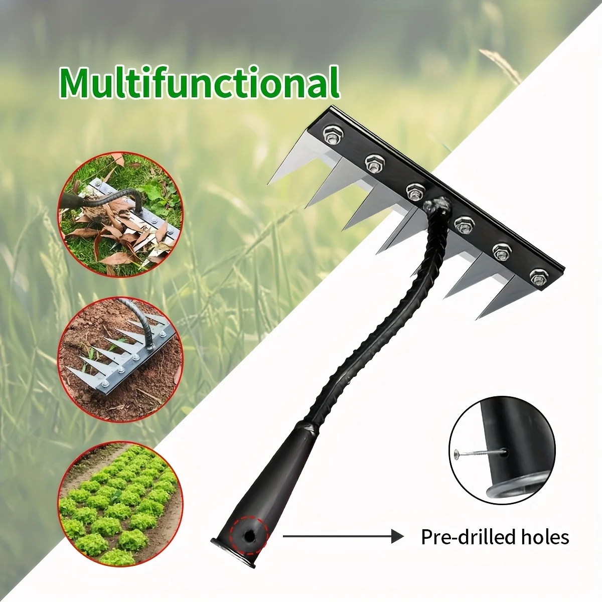 Robuster Stahl-Unkrautrechen, multifunktionales Gartenwerkzeug zum Auflockern des Bodens und Entfernen von Unkraut, für den Einsatz im Garten und auf dem Hof. Griff nicht enthalten. – Detail 5
