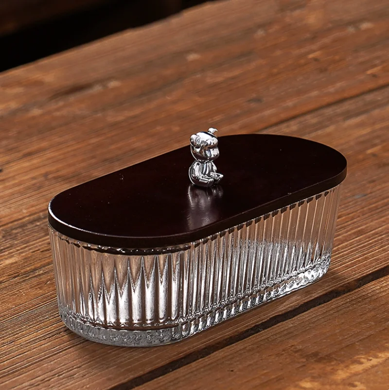 Oval Transparent Glass with Lid, Snack，dishes, Bar, Appetizer, Pastry, Nuts, Candy Box, Home Storage Box, Wooden Tray