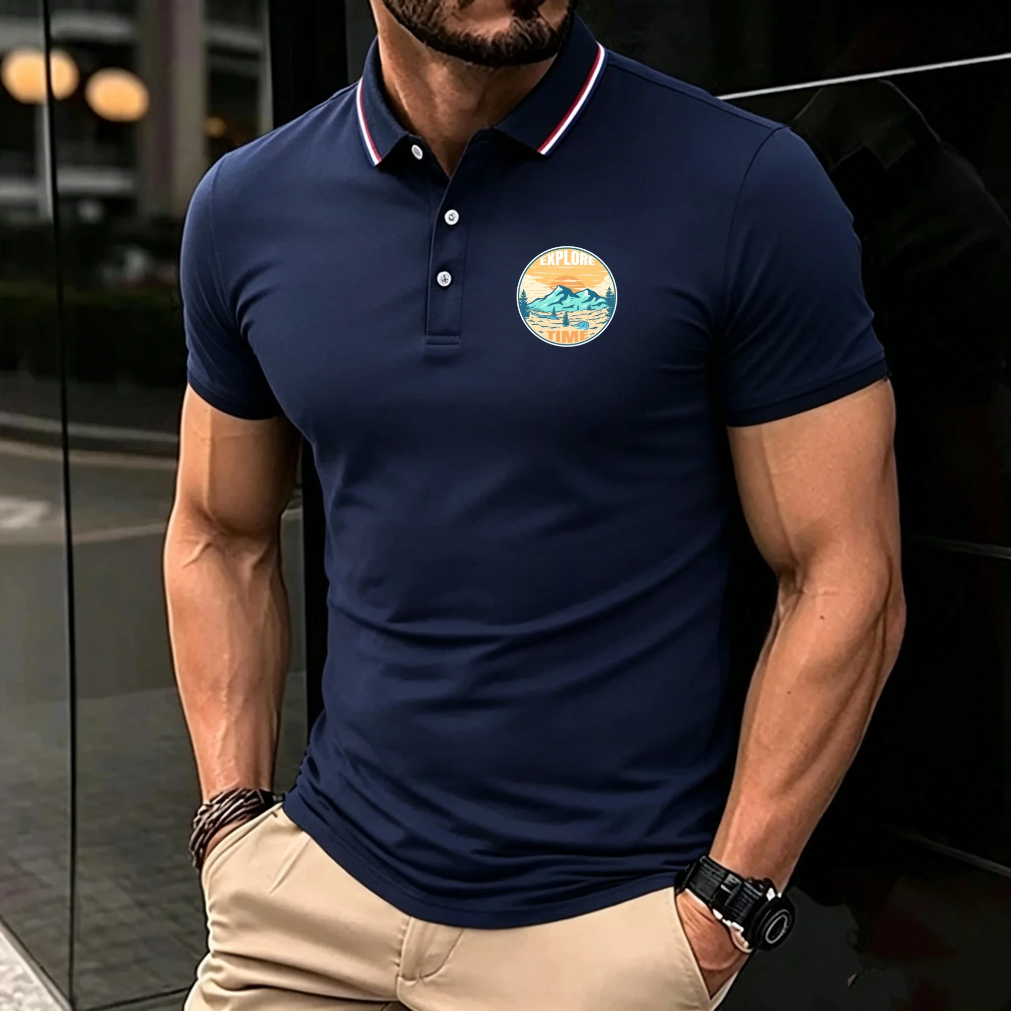 Chemises polo pour hommes, respirantes, imprimées montagne, col rayé, manches courtes, tendance, polyvalentes, pour tous les jours