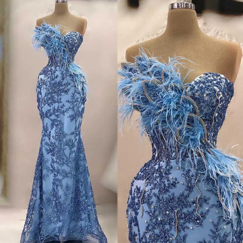 

Luxury Feather Evening Dresses Strapless Prom Gown Mermaid Rhinestone Beading Party Dress Sleeveless Customize Vestidos de noche