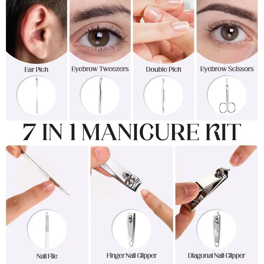 Sets Travel Manicure Set Professional Nail Set 7 in 1 Stainless Steel Manicure Kit Grooming Kits Nail Care Tools with Care Tools