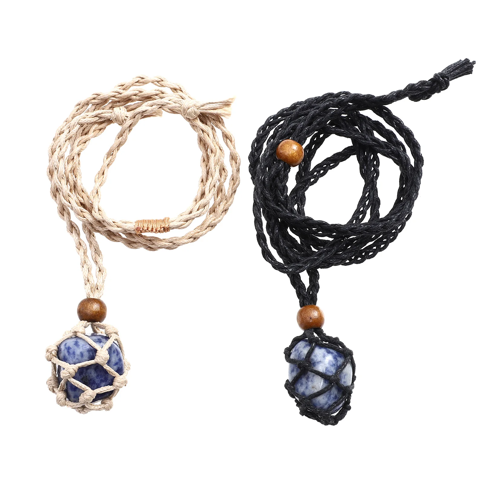 

2pcs Natural Stone Necklace Woven Cord Pendant Holder Vintage Jewelry Gift For Women Adjustable Sweater Chain Fashion Accessory