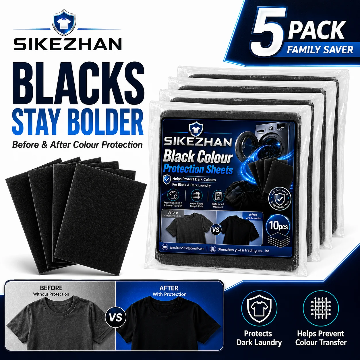 SIKEZHAN Black Laundry Dye Trapping Sheets 10Pcs Dark Clothes Color Protection Fabric Care Sheets for Washing Machine Use