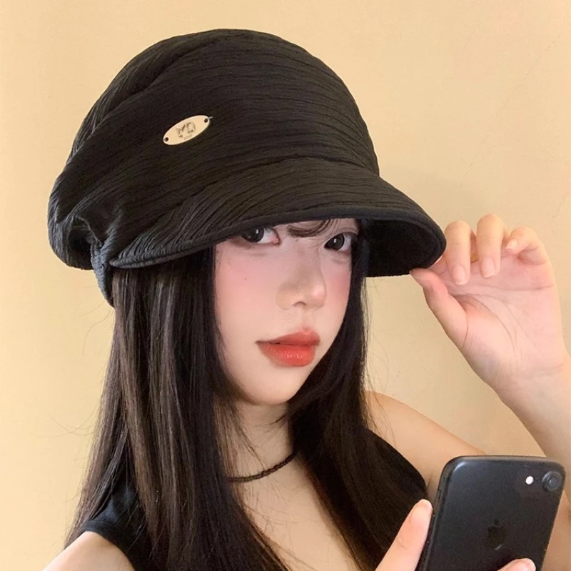 

Vintage Texture Pleated Elegant Berets Cap for Women Summer Autumn Thin Casual Versatile Show Face Small Literary Painter Hat