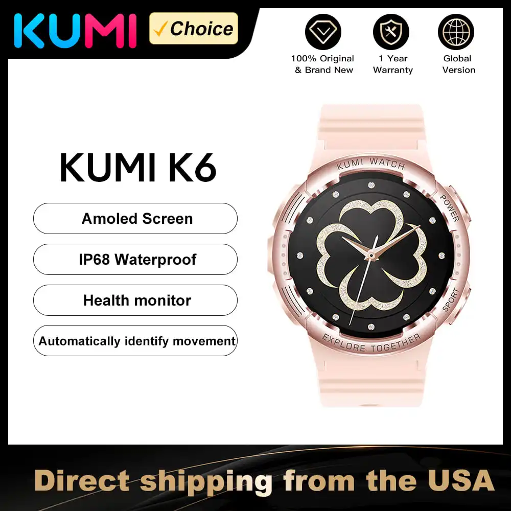 KUMI K6 Amoled Screen automatically idenify basic sport modes IP68 Waterproof Health monitor smartwatch suit for the ladies