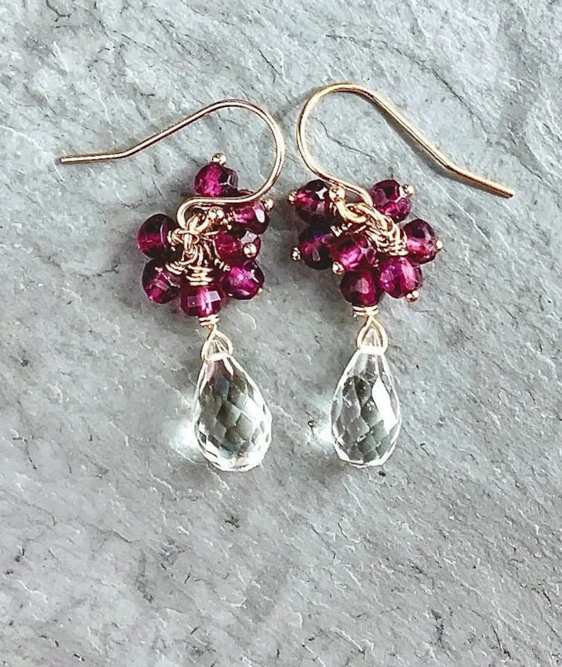 Gemstone Cluster Earrings, Garnet and Green Amethyst, Gold Fill, Sparkly Gemstone Drop Earrings, Glam Chic, Tiny Wire Wrapped