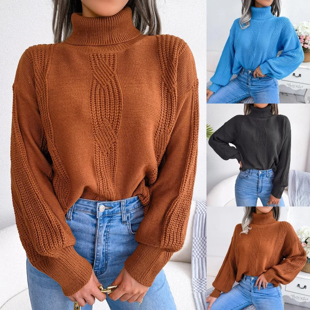 

Autumn Winter High Ne Twist Lantern Sve Base Layer Sweater Trendy Cross-Border Women's Faion Long Sve Knitwear