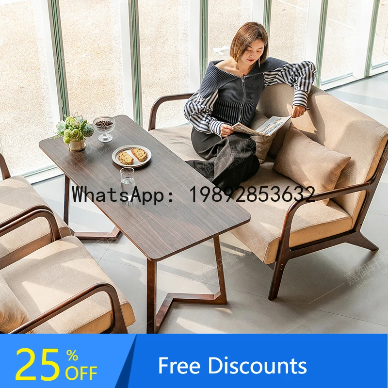 CZ Solid Wood Milk Tea Shop Cafe Table and Chair Set Dessert Shop Homestay Izakaya Meeting Booth Sofa Commercial Use