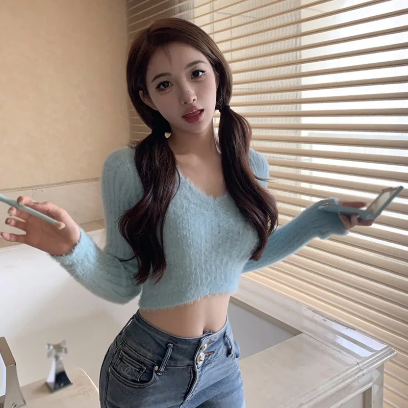 Women's Sexy V Neck Long Sleeve Slim Sweater Korean Style Solid Color Cropped Top Fall/Spring Casual Knitted Pullover