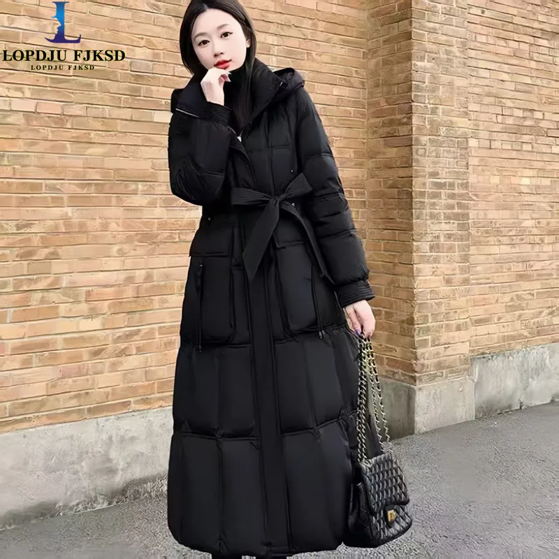 Long Thick Cotton Women's winter jacket,Adjustable Waist Coat,Female Clothing,Hooded New outerwear,Zipper,New,Winter,2025