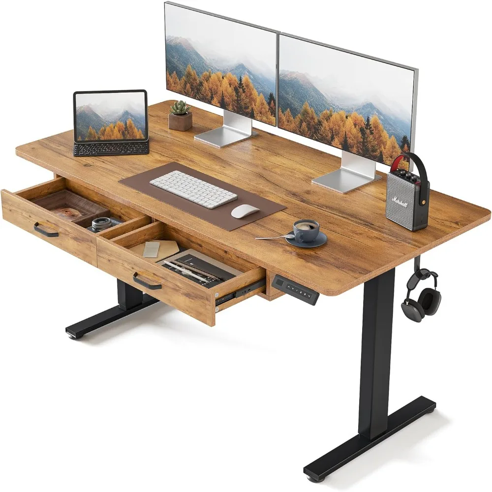 

Electric Standing Desk with Double Drawer, 55x 24 Inches Stand Up Home Office Desk with Splice Tabletop, Adjustable Height Desk