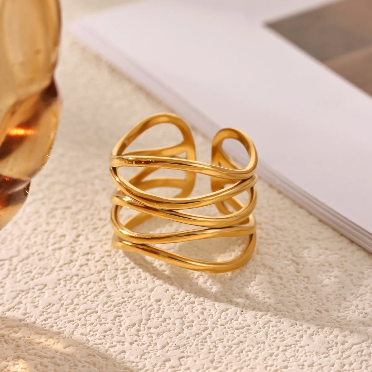 Women's Gold Plated Multi Layer Wavy Chunky Ring