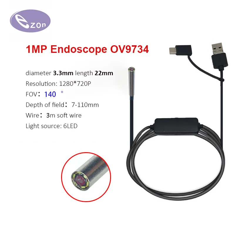 OV9734 1MP 3.3mm wide-angle 140° ultra-thin miniature endoscope  industrial pipeline inspection