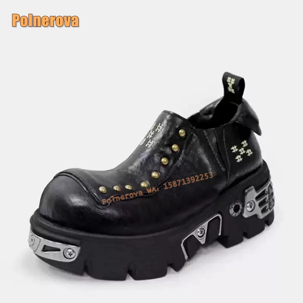 Metal Decoration Rivet Embroidery Loafers Big Toe Tank Sole Slip On Black Casual Women Leather Shoes Punk Retro 2025 Spring Rock