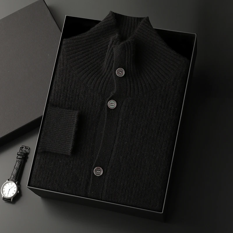 ANGEL High-end Men 100% Cashmere Sweater Mock-neck Long Sleeve Cardigan Winter Thicken Coat Smart Casual Cashmere Knitwear Tops