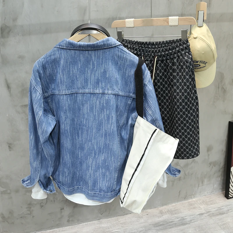 Men Blue Washed Denim Jacket Spring Autumn Fashion High Street Lapel Jackets American Casual Simple Retro Loose Coat