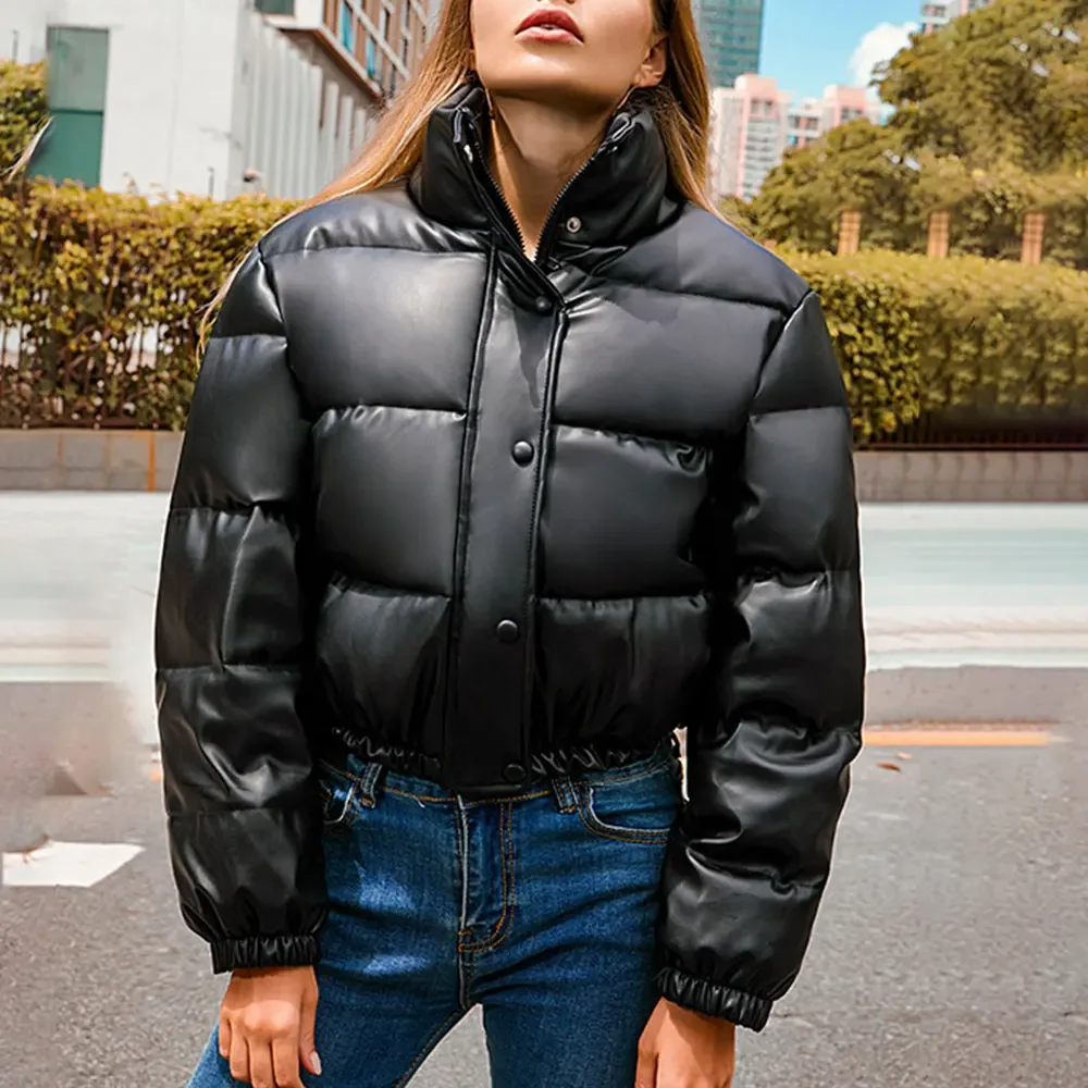 Winter Thick Warm Cropped Puffer Jacket Women Black PU Leather Parkas Elegant Zipper Coat Cotton Padded Punk Outwear