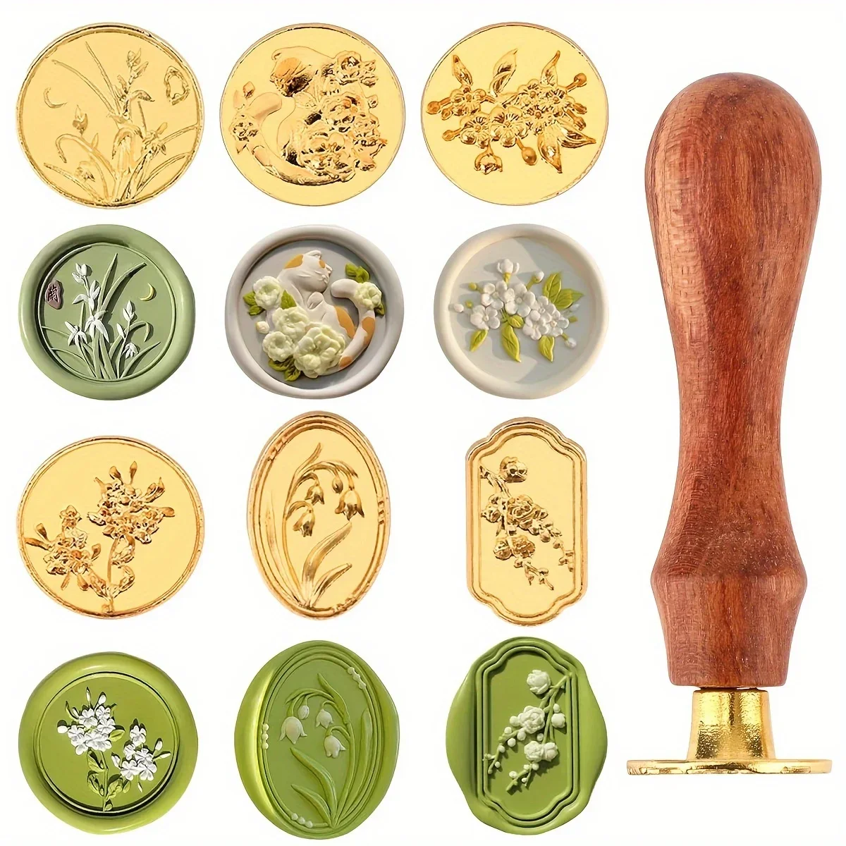 Juego de 6 sellos de cera florales con mango de madera desmontable, estilo vintage, ideal para invitaciones de boda y fiestas de cumpleaños