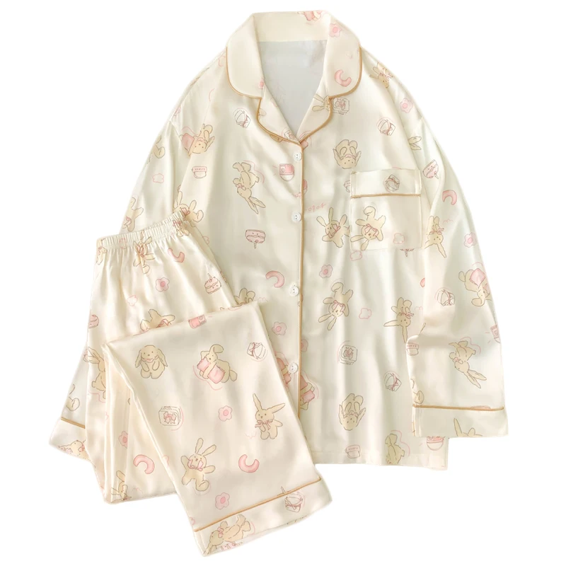 Y2k Sweet Cartoon Kawaii Little Rabbit Women Pajamas Japan Korean Cute Print Simulated Silk Homewear 2024 Autumn New 2pc Lounges