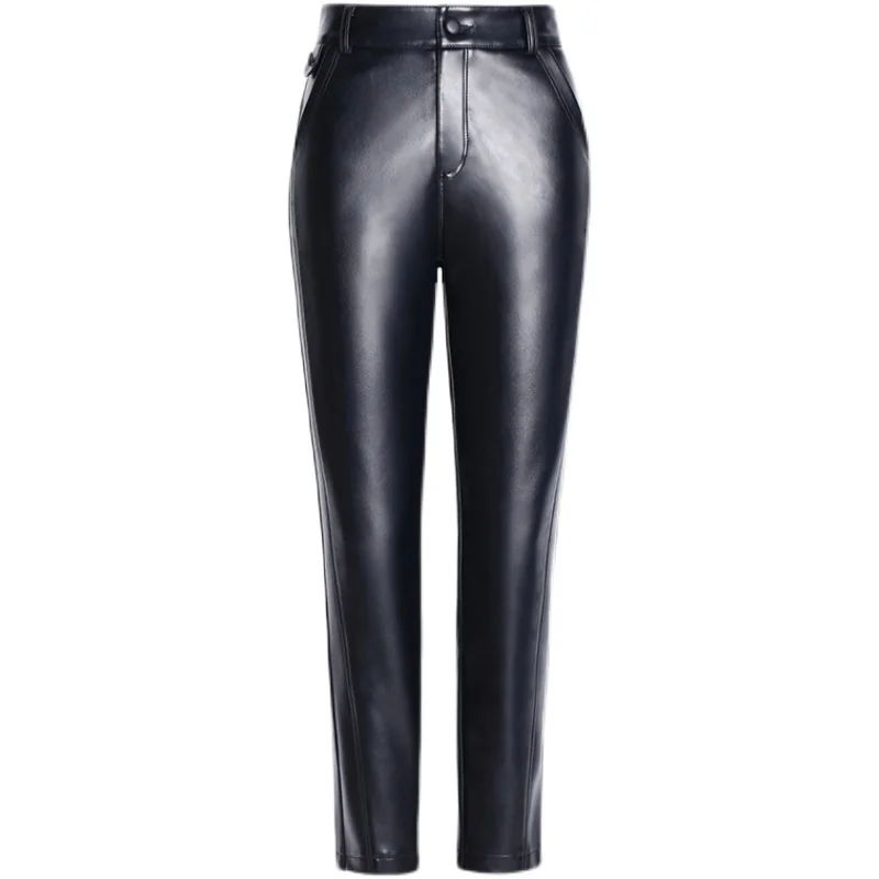 Pantalon en cuir taille haute pour femme, coupe cintrée, Thiened Fce Harlan Sle, pantalon Long, décontracté, en peau de mouton