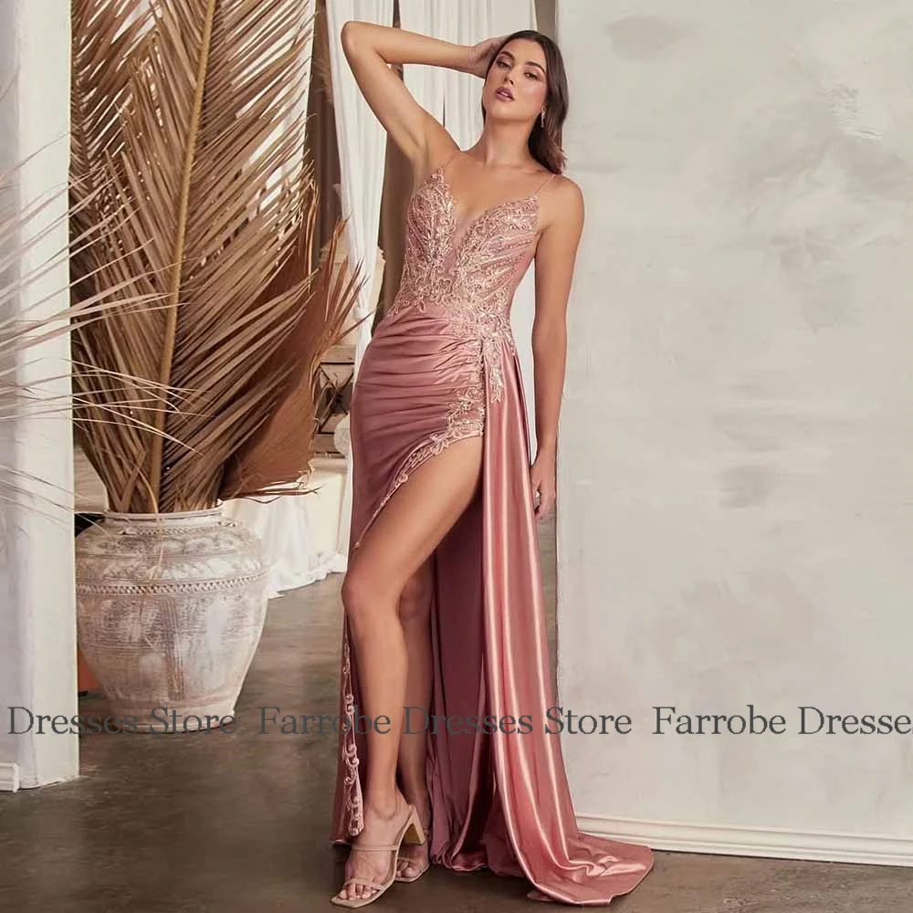فساتين سهرة مثيرة من الساتان غمد/عمود فستان للحفلات الراقصة وردي وردي سباغيتي حزام دانتيل مطوي ثنيات سبليت فستان الحفلات طويل 2025
