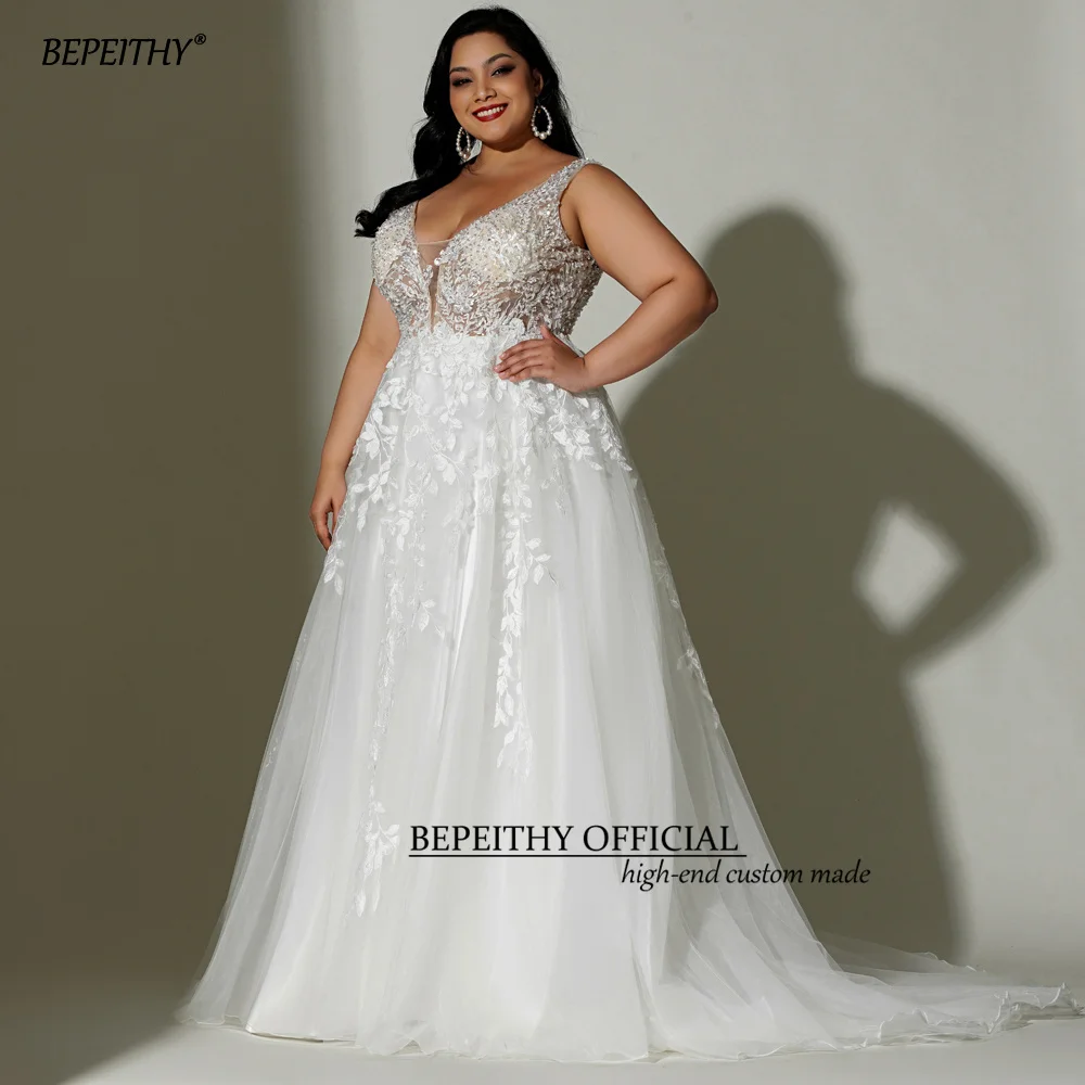 BEPEITHYCustom dentelle Boho robe de mariée 2022 pour grande taille femmes mariée sans manches une ligne ivoire col en V blanc courbe robe de mariée