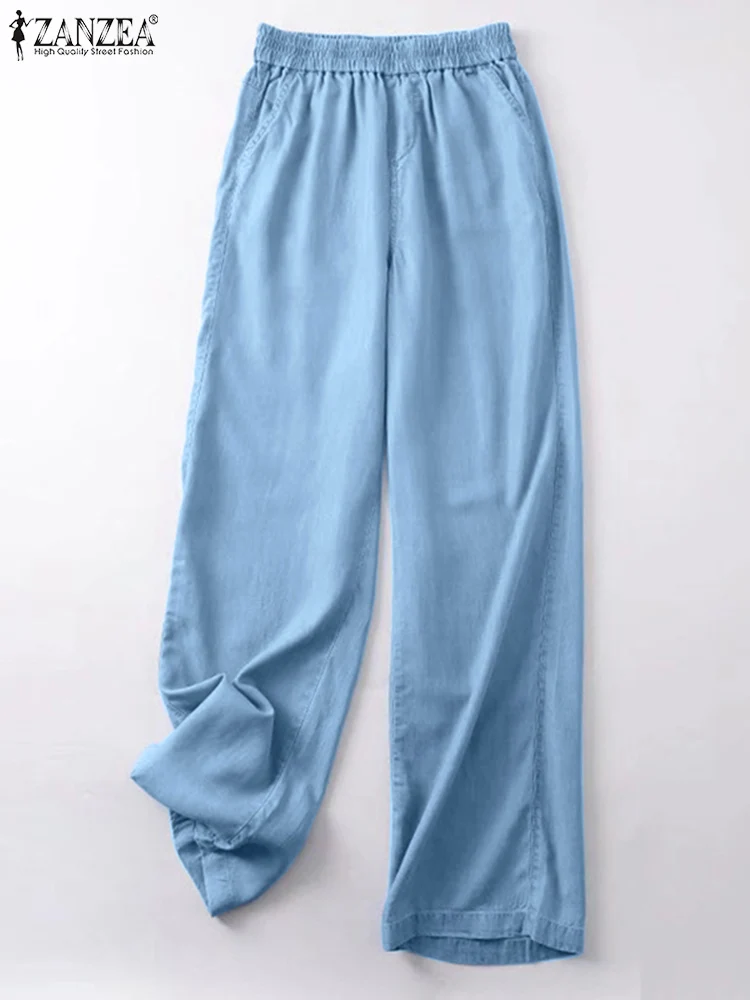 

ZANZEA Oversized Vintage Denim Blue Pants Women 2024 Fashion OL Bottoms Holiday Palazzo Elastic Waist Pantalons Wide Leg Pants