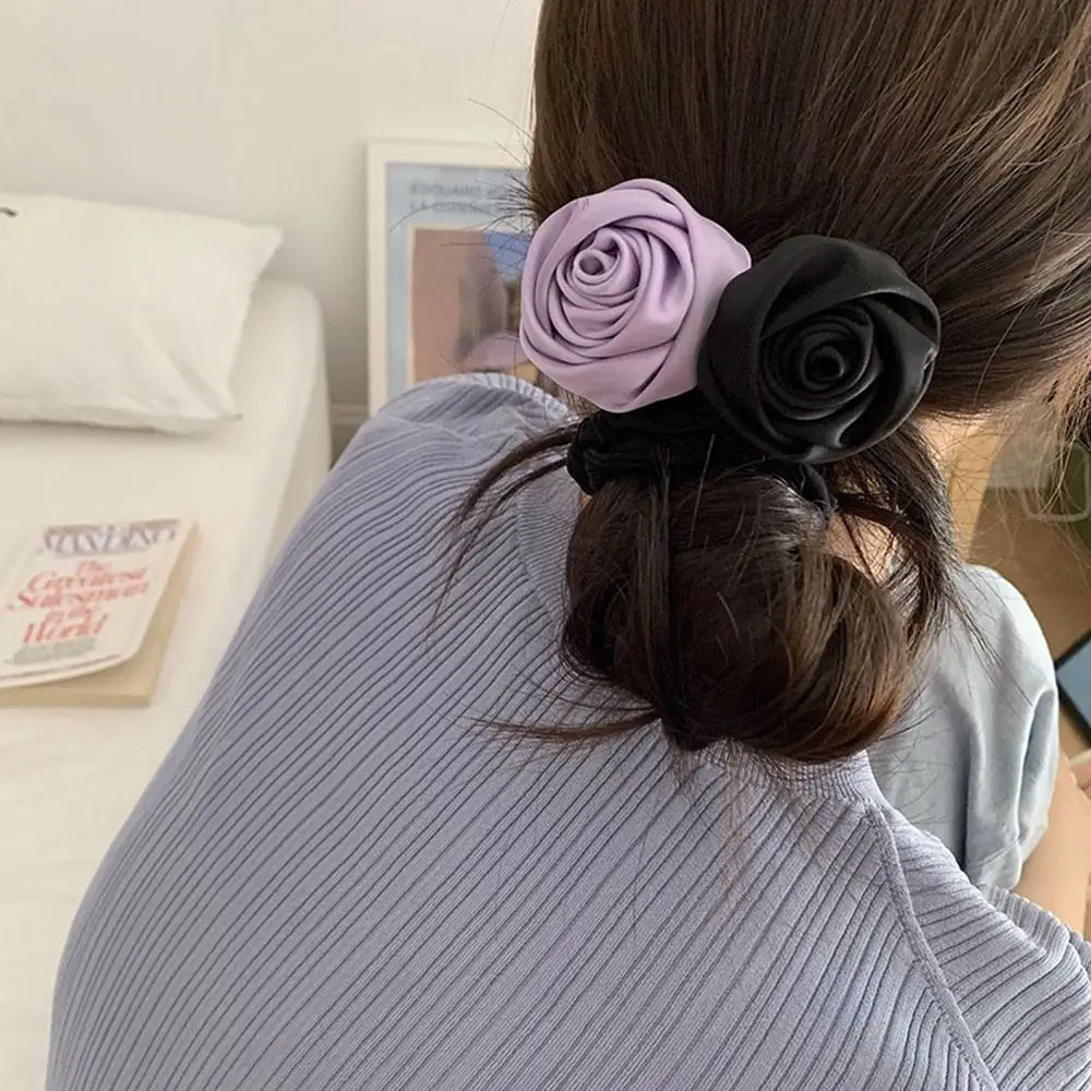 Korean Rose Flower Hair Rope Lovely Elastic Silk Satin Scrunchies Classical Women Hair Accessories Sweet Art Ponytail Holder