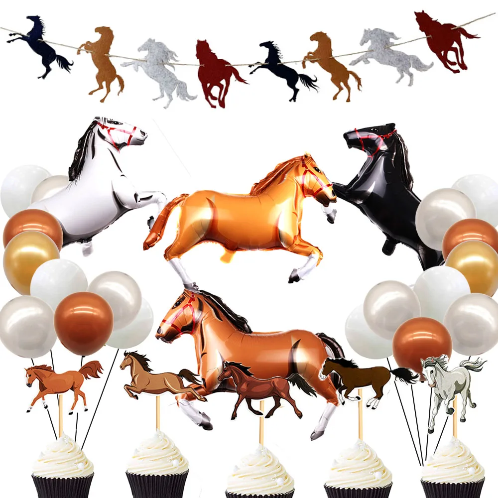 Cowboy Birthday Party Decoration Horse Shaped Foil Balloons Little Cowboy horse Birthday Banner horse Cake Topper Latex Balloon