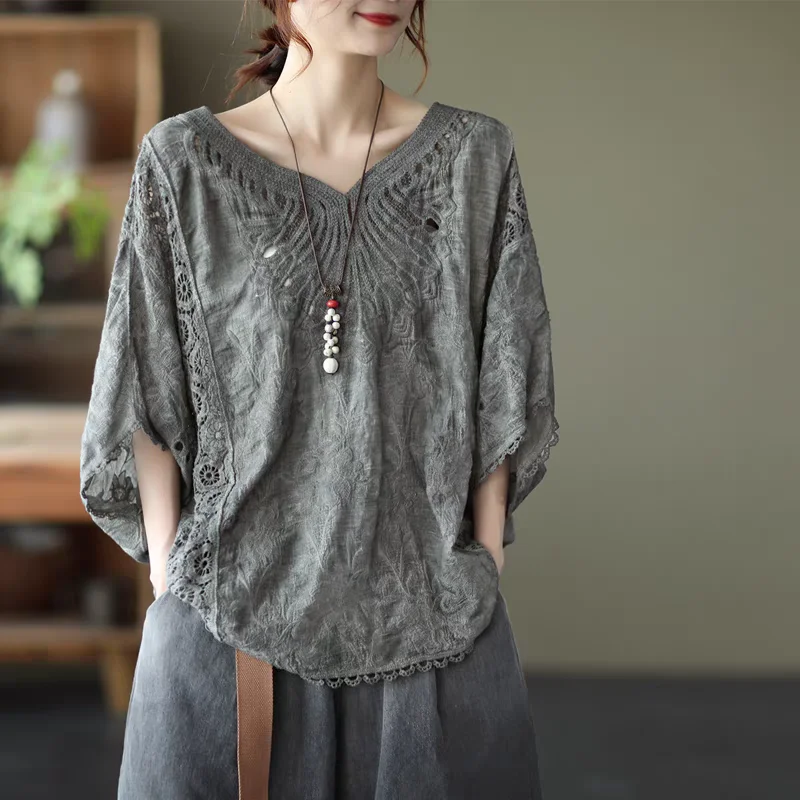 

Retro Hollow Batwing Sve irt Women's Summer New Loose Lace Trim Sun Protection Cover up T-irt Top Cotton Blend Material