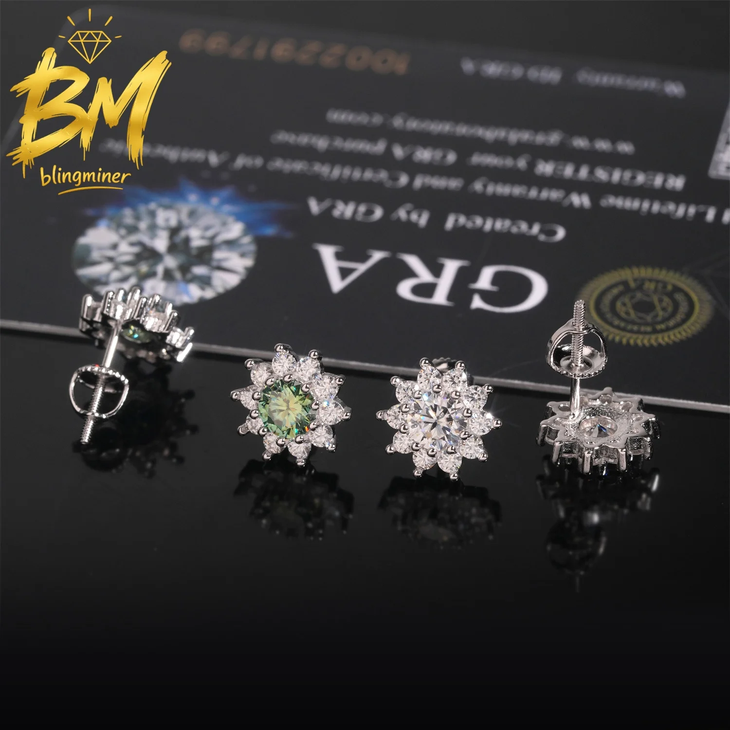 Blingminer Blue Green Sunflower VVS Moissanite Earrings S925 Silver Ear Studs For Men Women Jewelry Pass Diamonds Tester GRA