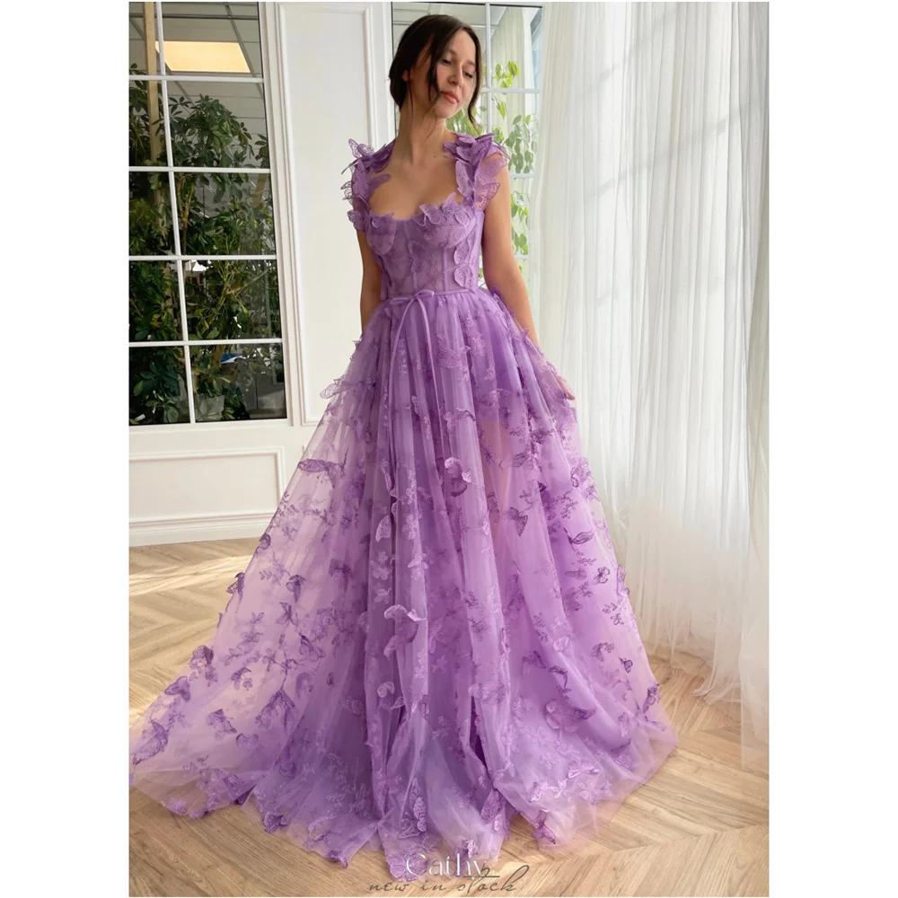 

Cathy Customized Fairy Floral Embroidery A-line Prom Dress With Side Slit vestidos de noiva Sleeveless Tulle Evening Dresses