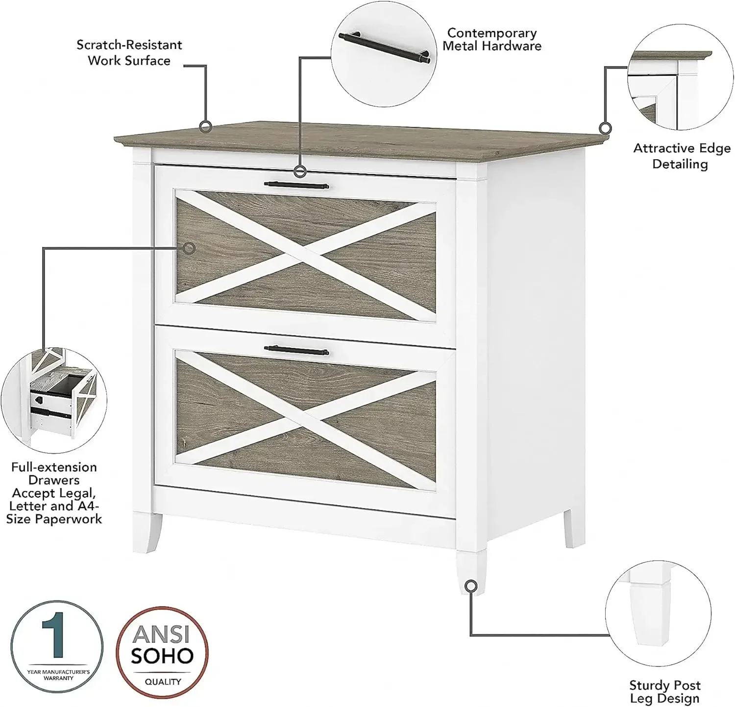 [أفضل بائع! ]مكتب كتابة غربي بقدرة 48 وات مع خزانة ملفات جانبية ذات درجين و5 أرفف وخزانة كتب باللون الأبيض النقي والرمادي الداكن