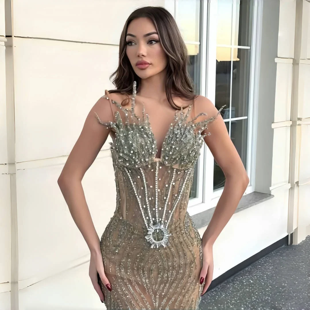 Customized Exquisite Evening Dresses Strapless Floor Length Mermaid Prom Gowns Crystals Beading Birthday Party Dresses