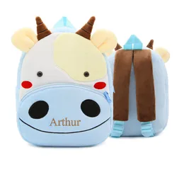 Personalizado vaca animais mochila, azul claro e multicolorido saco para Kindergarden crianças, seu nome