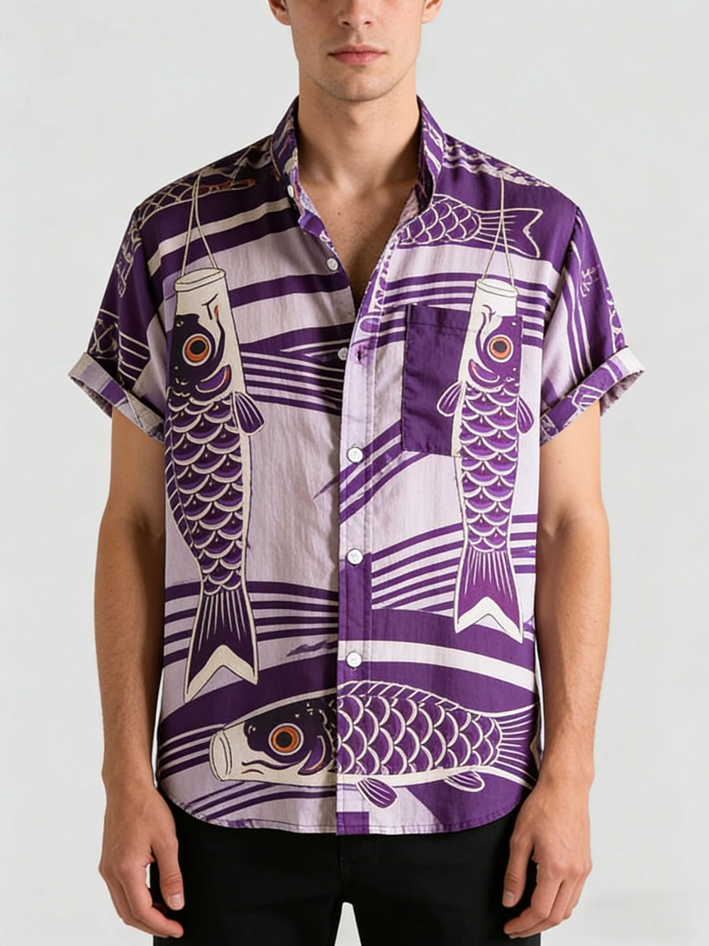 Men Japanese Koinobori Koi Fish Print Turn Down Collar Short Sleeve Shirt Purple Stripe Casual Holiday Top