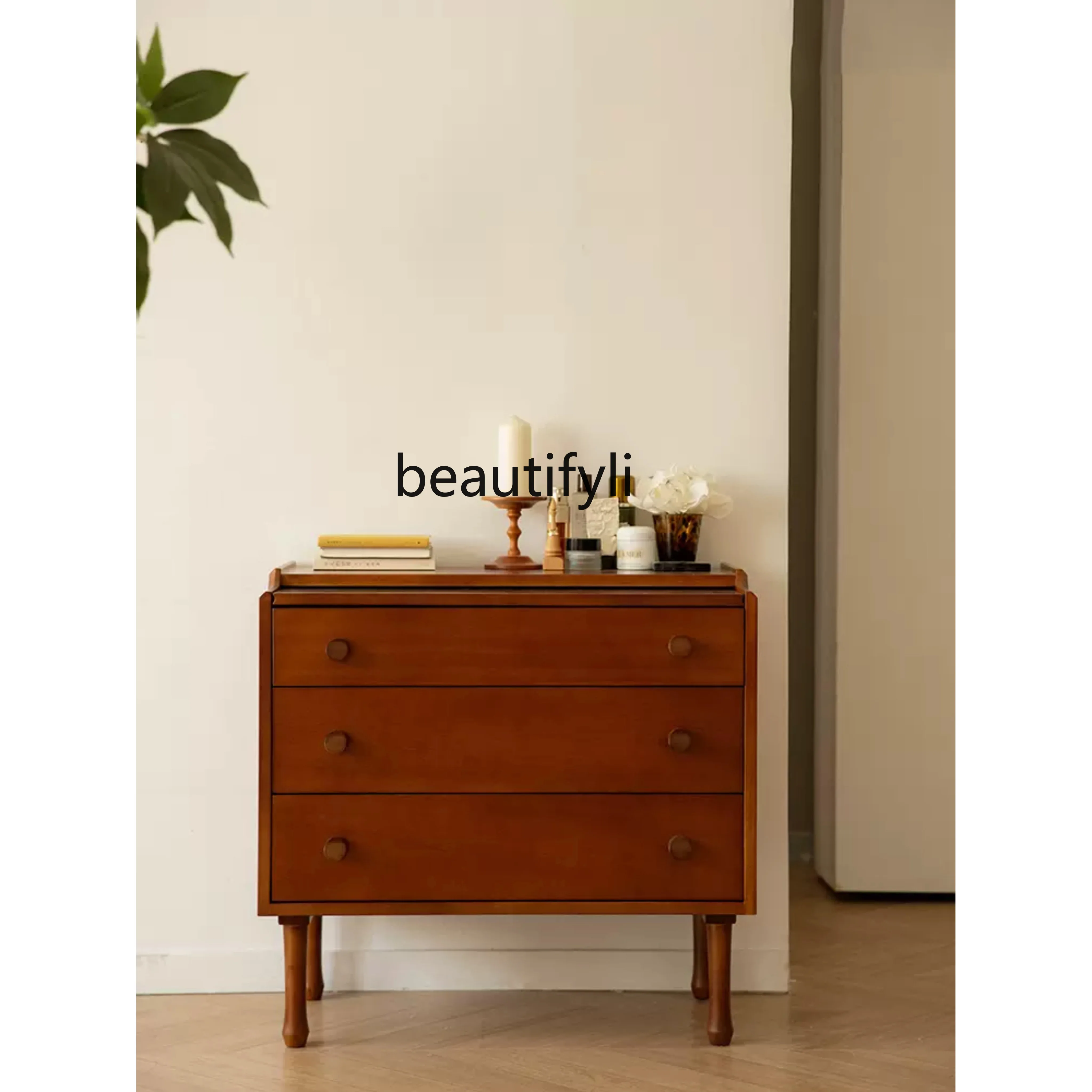 Nordic retro cherry wood bucket cabinet medieval solid wood integrated makeup table dresser small apartment storage locker