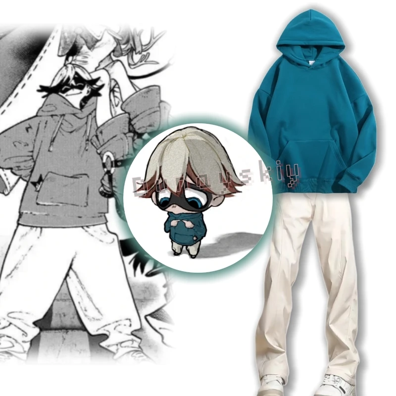 

Anime Gachiakuta Fu Orostor Cosplay Wig Costume Peacock Blue Hooded Sweatshirt Beige Pants Cosplay Suits Clothes New Style