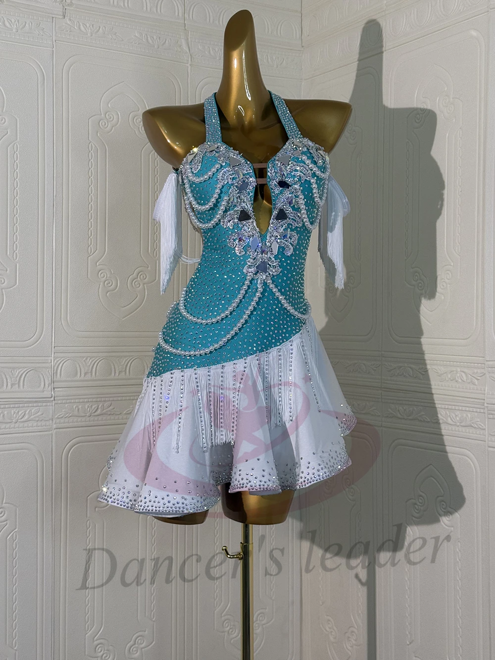 زي الرقص اللاتيني AB Stone أنثى الكبار الأطفال الراقية مخصصة سلسلة اللؤلؤ فستان أسود بركة السامبا