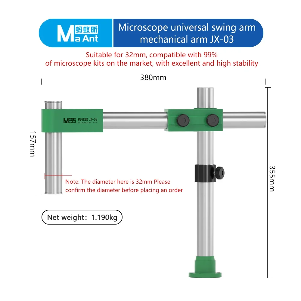 MaAnt JX-03 Microscopio Brazo oscilante mecánico Ajuste multiángulo ajustable 360 °   Brazo robótico oscilante de metal giratorio