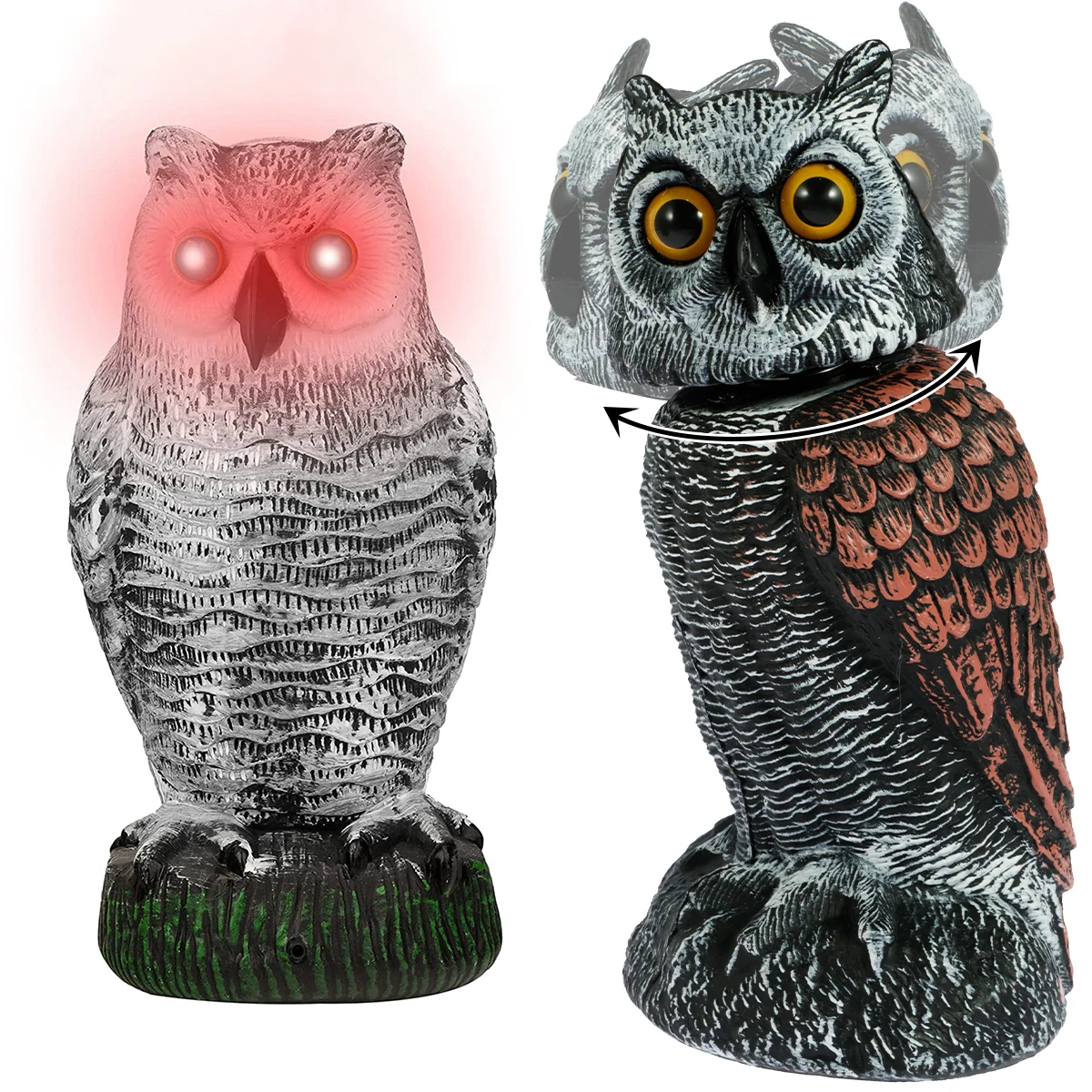 Owl Decoy Frightening Fake Owl Scare Bird Control Devices with Rotating Head and Light for Outdoor Garden Yard Bird Repellent