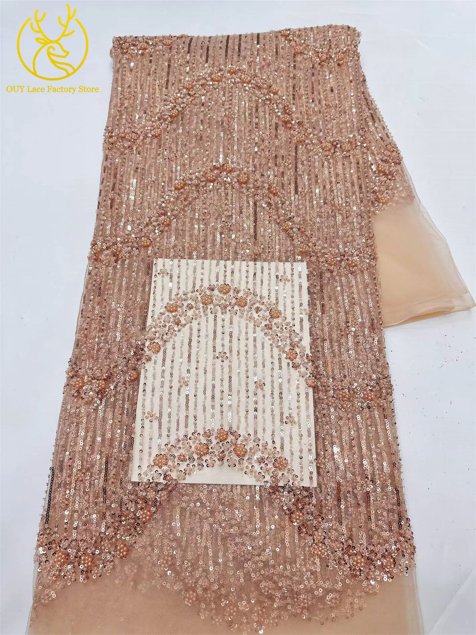 5 Yards Afrikanischer Bräutigam-Perlen-Tüll-Spitzenstoff Rosa Eleganter Nigerianischer Pailletten-Perlen-Netzstoff zum Nähen von Hochzeits- und Partykleidern – Detail 11